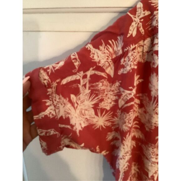 American Eagle Toile Hawaiian Crop Top Sz M Button Down Red Taupe - Picture 5 of 7